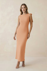 Bateau Neck Sheath Satin Midi Bridesmaid Dress With Bow in Golden Champagne - KISS BRIDAL Bridesmaid Dresses