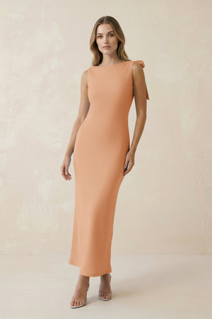 Bateau Neck Sheath Satin Midi Bridesmaid Dress With Bow in Golden Champagne - KISS BRIDAL Bridesmaid Dresses
