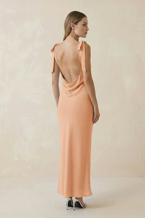 Bateau Neck Sheath Satin Midi Bridesmaid Dress With Bow in Golden Champagne - KISS BRIDAL Bridesmaid Dresses
