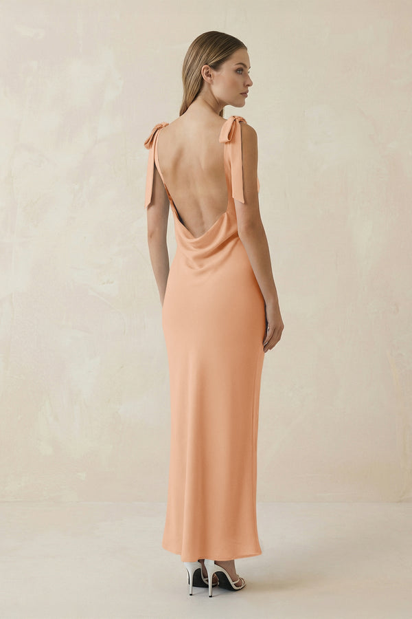 Bateau Neck Sheath Satin Midi Bridesmaid Dress With Bow in Golden Champagne - KISS BRIDAL Bridesmaid Dresses
