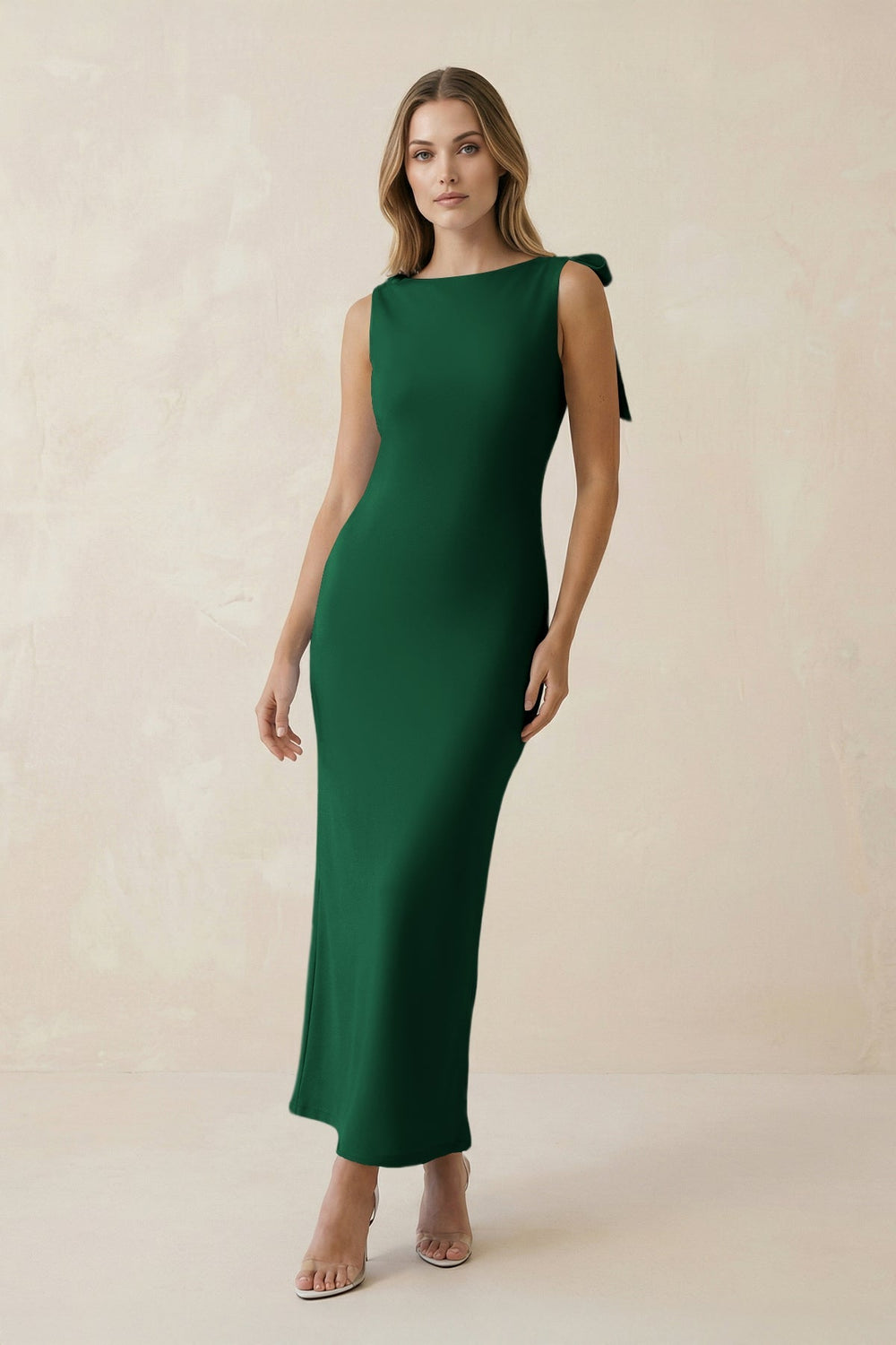 Bateau Neck Sheath Satin Midi Bridesmaid Dress With Bow in Green - KISS BRIDAL Bridesmaid Dresses