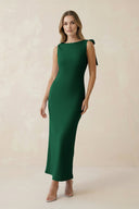 Bateau Neck Sheath Satin Midi Bridesmaid Dress With Bow in Green - KISS BRIDAL Bridesmaid Dresses