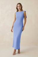Bateau Neck Sheath Satin Midi Bridesmaid Dress With Bow in Ice - KISS BRIDAL Bridesmaid Dresses