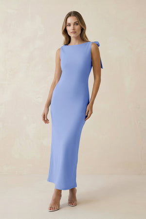 Bateau Neck Sheath Satin Midi Bridesmaid Dress With Bow in Ice - KISS BRIDAL Bridesmaid Dresses