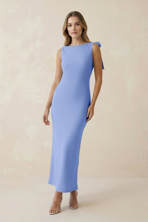 Bateau Neck Sheath Satin Midi Bridesmaid Dress With Bow in Ice - KISS BRIDAL Bridesmaid Dresses