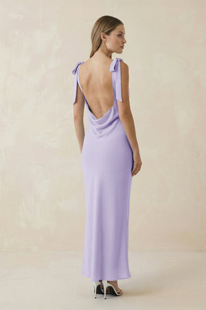 Bateau Neck Sheath Satin Midi Bridesmaid Dress With Bow in Lavender - KISS BRIDAL Bridesmaid Dresses