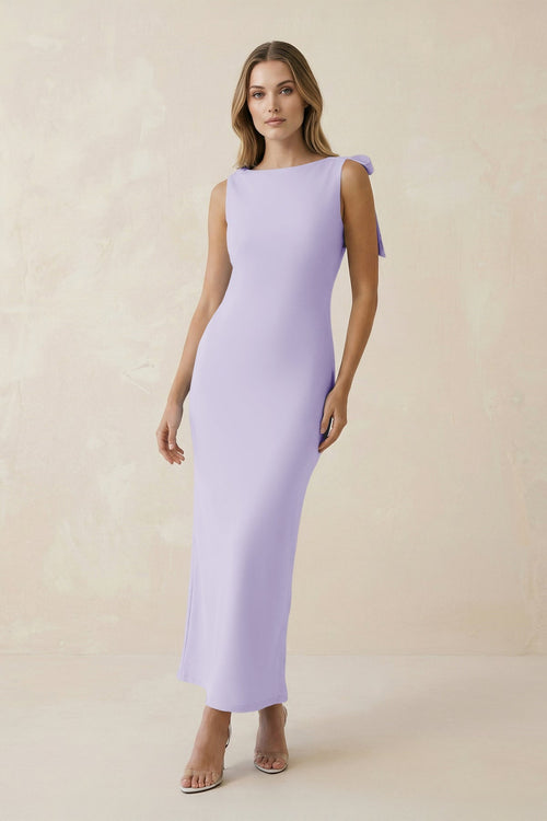 Bateau Neck Sheath Satin Midi Bridesmaid Dress With Bow in Lavender - KISS BRIDAL Bridesmaid Dresses