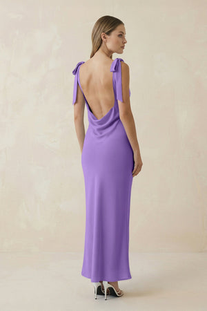Bateau Neck Sheath Satin Midi Bridesmaid Dress With Bow in Lilac - KISS BRIDAL Bridesmaid Dresses