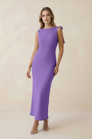 Bateau Neck Sheath Satin Midi Bridesmaid Dress With Bow in Lilac - KISS BRIDAL Bridesmaid Dresses