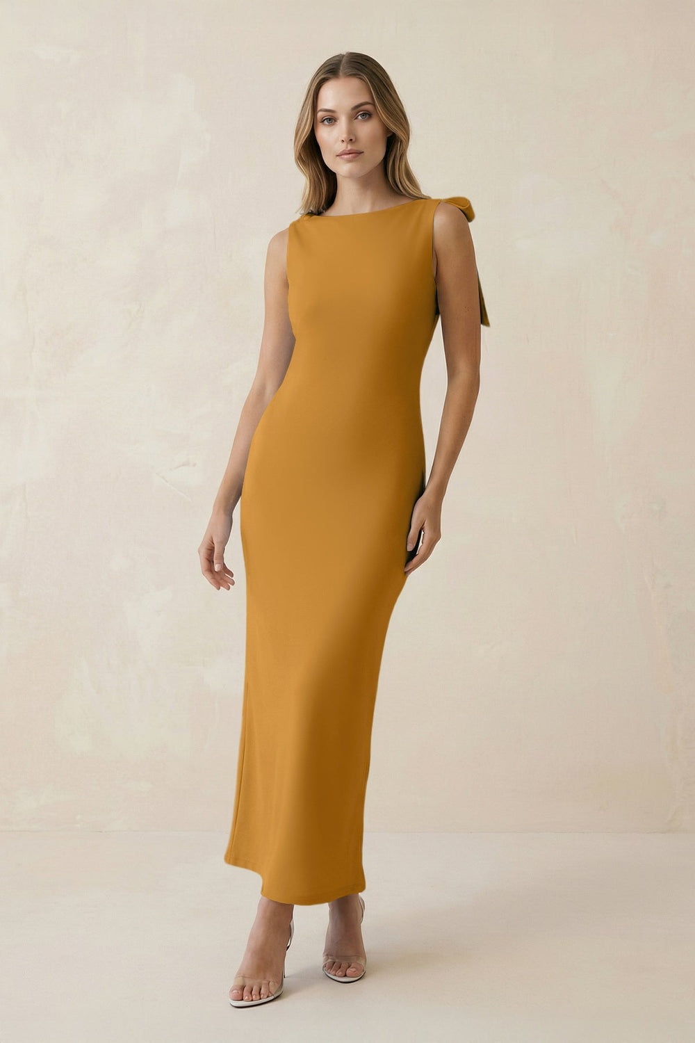 Bateau Neck Sheath Satin Midi Bridesmaid Dress With Bow in Marigold - KISS BRIDAL Bridesmaid Dresses