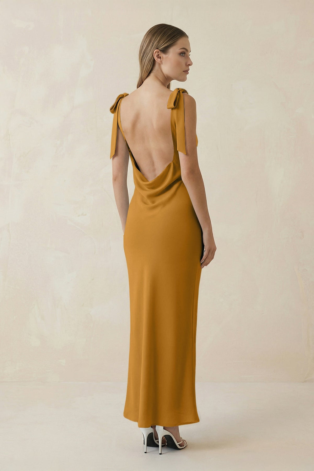 Bateau Neck Sheath Satin Midi Bridesmaid Dress With Bow in Marigold - KISS BRIDAL Bridesmaid Dresses