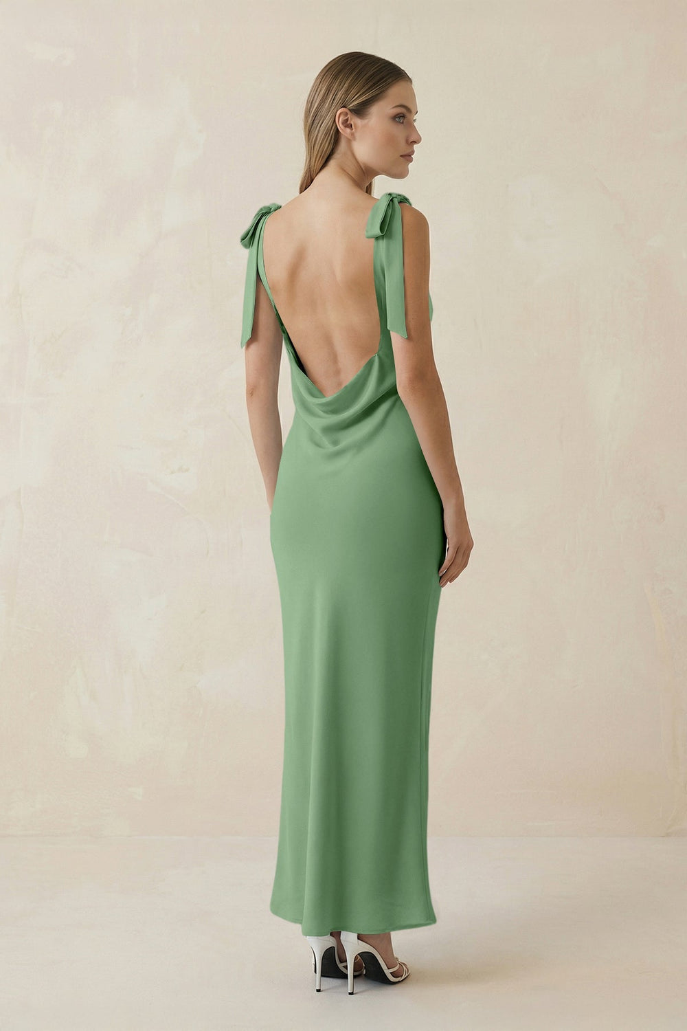Bateau Neck Sheath Satin Midi Bridesmaid Dress With Bow in Matcha - KISS BRIDAL Bridesmaid Dresses