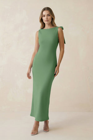Bateau Neck Sheath Satin Midi Bridesmaid Dress With Bow in Matcha - KISS BRIDAL Bridesmaid Dresses