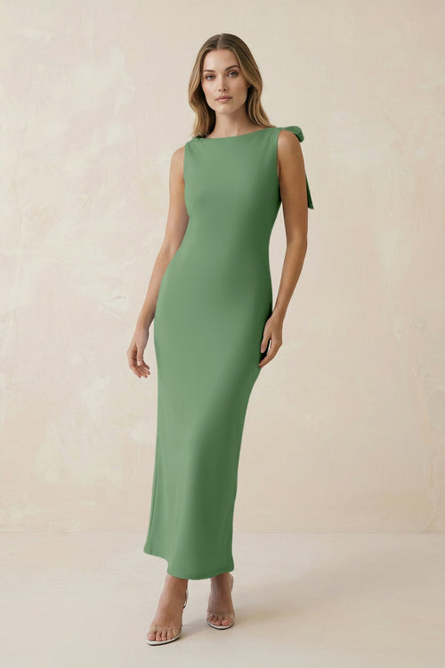 Bateau Neck Sheath Satin Midi Bridesmaid Dress With Bow in Matcha - KISS BRIDAL Bridesmaid Dresses