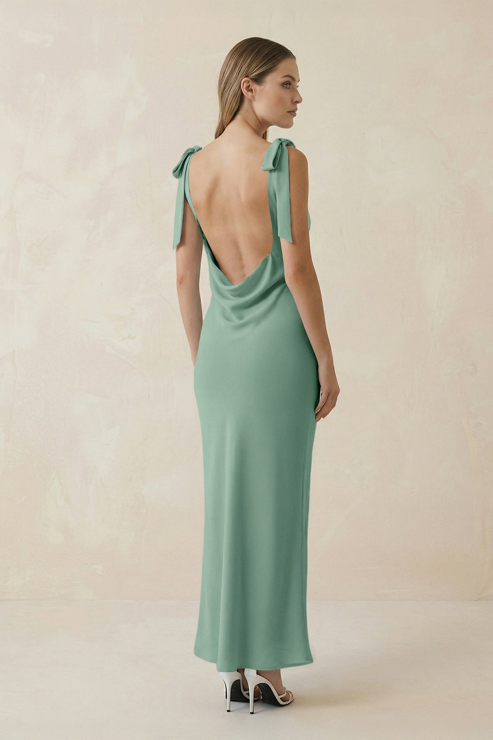 Bateau Neck Sheath Satin Midi Bridesmaid Dress With Bow in Mint Green - KISS BRIDAL Bridesmaid Dresses