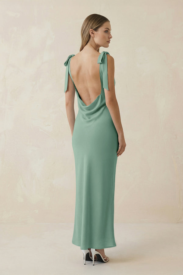 Bateau Neck Sheath Satin Midi Bridesmaid Dress With Bow in Mint Green - KISS BRIDAL Bridesmaid Dresses