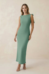 Bateau Neck Sheath Satin Midi Bridesmaid Dress With Bow in Mint Green - KISS BRIDAL Bridesmaid Dresses