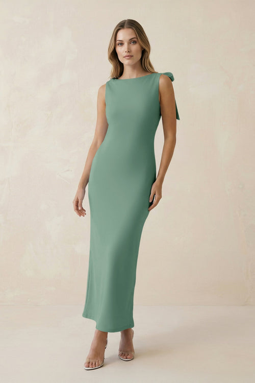 Bateau Neck Sheath Satin Midi Bridesmaid Dress With Bow in Mint Green - KISS BRIDAL Bridesmaid Dresses