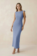Bateau Neck Sheath Satin Midi Bridesmaid Dress With Bow in Mist - KISS BRIDAL Bridesmaid Dresses