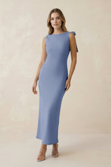 Bateau Neck Sheath Satin Midi Bridesmaid Dress With Bow in Mist - KISS BRIDAL Bridesmaid Dresses