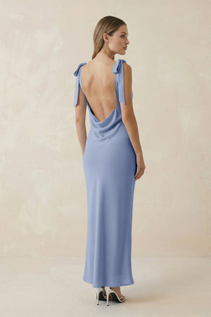 Bateau Neck Sheath Satin Midi Bridesmaid Dress With Bow in Mist - KISS BRIDAL Bridesmaid Dresses