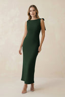 Bateau Neck Sheath Satin Midi Bridesmaid Dress With Bow in Moss - KISS BRIDAL Bridesmaid Dresses