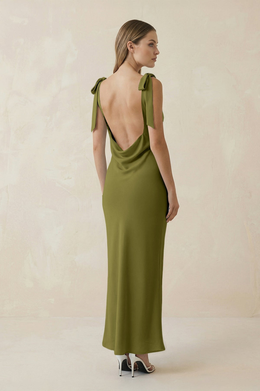 Bateau Neck Sheath Satin Midi Bridesmaid Dress With Bow in Moss Green - KISS BRIDAL Bridesmaid Dresses