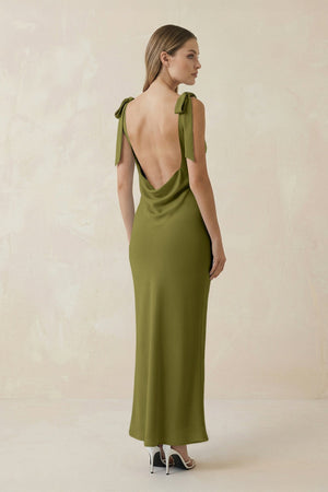 Bateau Neck Sheath Satin Midi Bridesmaid Dress With Bow in Moss Green - KISS BRIDAL Bridesmaid Dresses