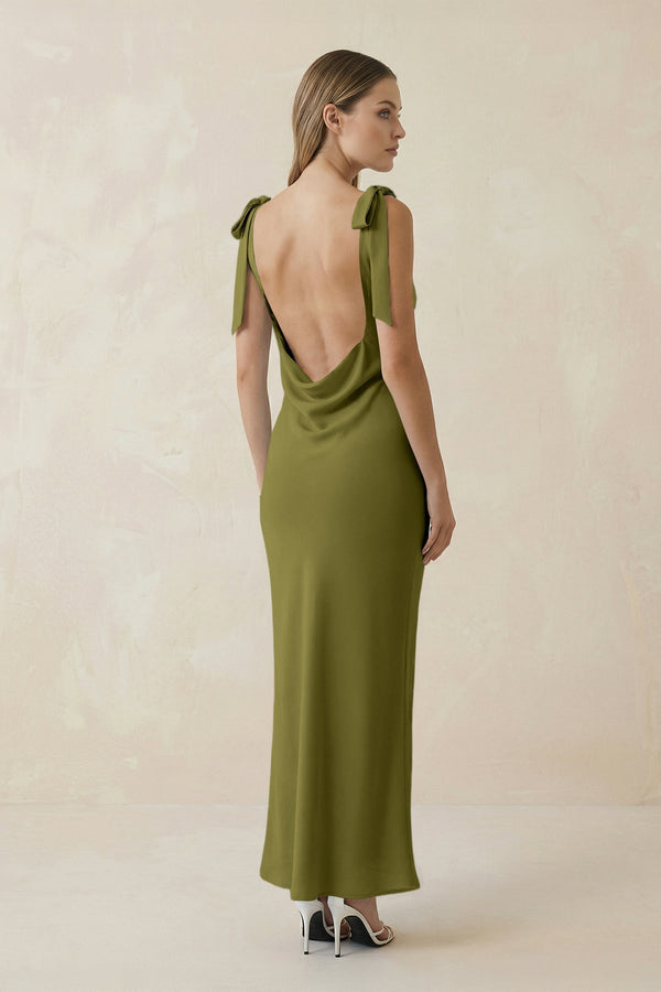 Bateau Neck Sheath Satin Midi Bridesmaid Dress With Bow in Moss Green - KISS BRIDAL Bridesmaid Dresses
