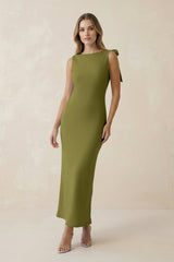 Bateau Neck Sheath Satin Midi Bridesmaid Dress With Bow in Moss Green - KISS BRIDAL Bridesmaid Dresses