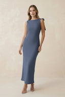 Bateau Neck Sheath Satin Midi Bridesmaid Dress With Bow in Neptune - KISS BRIDAL Bridesmaid Dresses