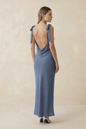 Bateau Neck Sheath Satin Midi Bridesmaid Dress With Bow in Neptune - KISS BRIDAL Bridesmaid Dresses