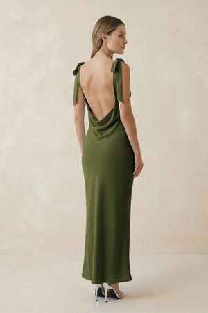 Bateau Neck Sheath Satin Midi Bridesmaid Dress With Bow in Olive - KISS BRIDAL Bridesmaid Dresses