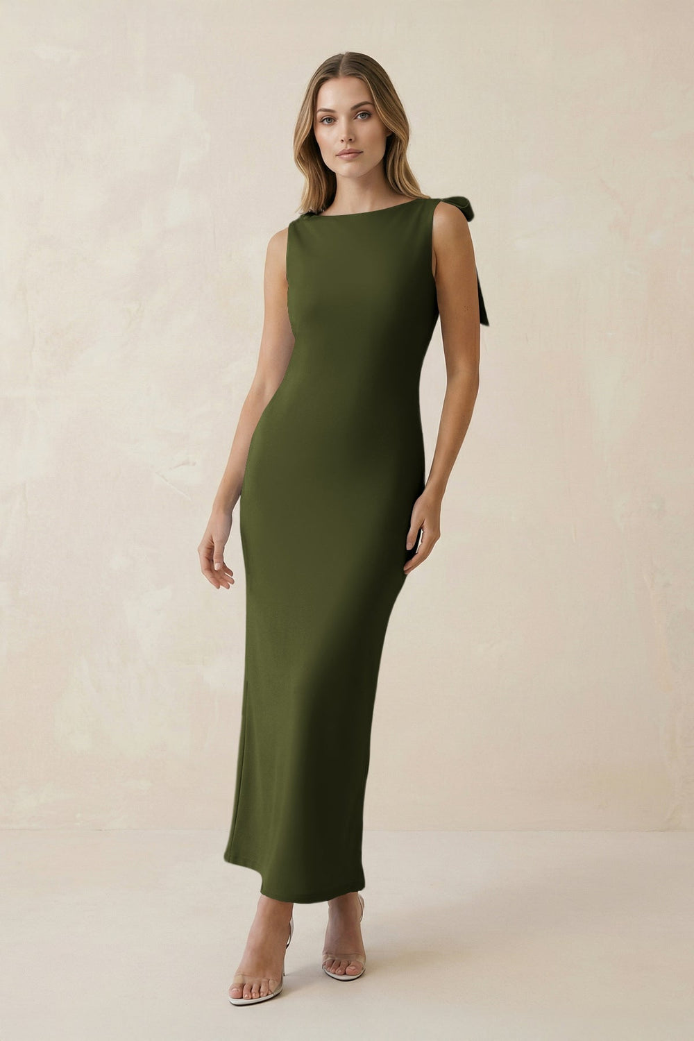 Bateau Neck Sheath Satin Midi Bridesmaid Dress With Bow in Olive - KISS BRIDAL Bridesmaid Dresses