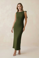 Bateau Neck Sheath Satin Midi Bridesmaid Dress With Bow in Olive - KISS BRIDAL Bridesmaid Dresses