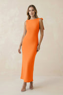 Bateau Neck Sheath Satin Midi Bridesmaid Dress With Bow in Orange - KISS BRIDAL Bridesmaid Dresses