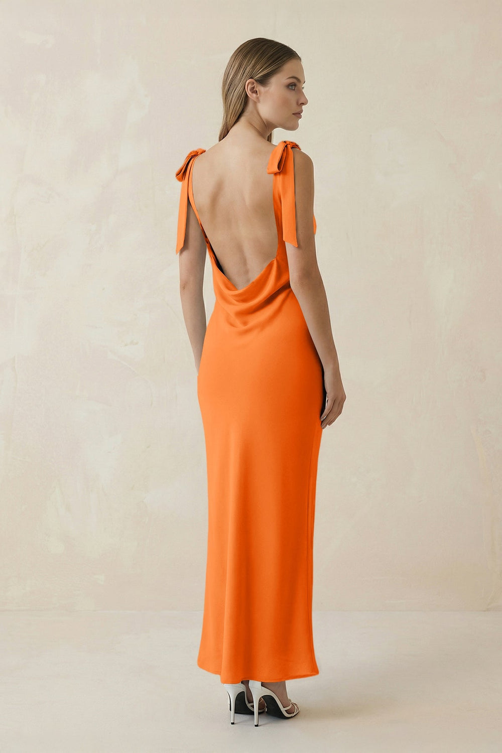 Bateau Neck Sheath Satin Midi Bridesmaid Dress With Bow in Orange - KISS BRIDAL Bridesmaid Dresses