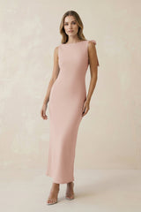 Bateau Neck Sheath Satin Midi Bridesmaid Dress With Bow in Pale Blush - KISS BRIDAL Bridesmaid Dresses