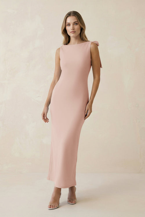 Bateau Neck Sheath Satin Midi Bridesmaid Dress With Bow in Pale Blush - KISS BRIDAL Bridesmaid Dresses