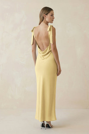 Bateau Neck Sheath Satin Midi Bridesmaid Dress With Bow in Pastel Yellow - KISS BRIDAL Bridesmaid Dresses