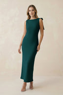 Bateau Neck Sheath Satin Midi Bridesmaid Dress With Bow in Pine - KISS BRIDAL Bridesmaid Dresses