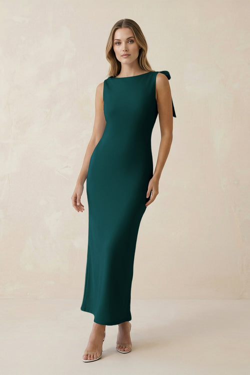 Bateau Neck Sheath Satin Midi Bridesmaid Dress With Bow in Pine - KISS BRIDAL Bridesmaid Dresses
