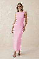 Bateau Neck Sheath Satin Midi Bridesmaid Dress With Bow in Pink - KISS BRIDAL Bridesmaid Dresses
