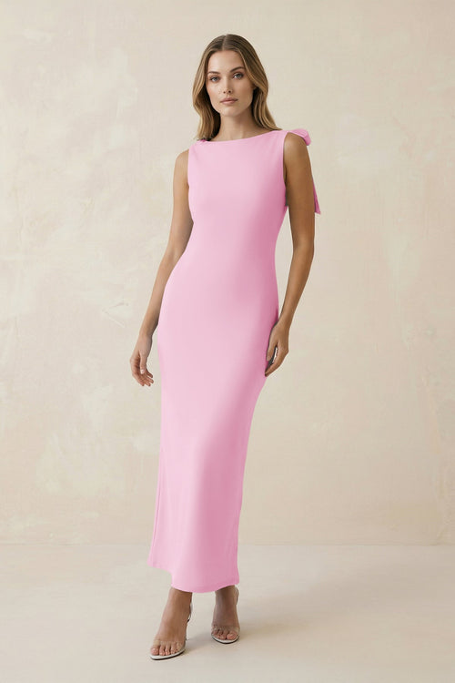Bateau Neck Sheath Satin Midi Bridesmaid Dress With Bow in Pink - KISS BRIDAL Bridesmaid Dresses