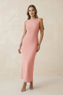 Bateau Neck Sheath Satin Midi Bridesmaid Dress With Bow in Rose Petal - KISS BRIDAL Bridesmaid Dresses