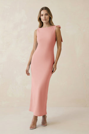 Bateau Neck Sheath Satin Midi Bridesmaid Dress With Bow in Rose Petal - KISS BRIDAL Bridesmaid Dresses