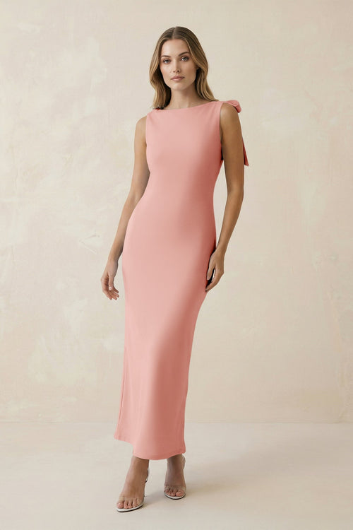 Bateau Neck Sheath Satin Midi Bridesmaid Dress With Bow in Rose Petal - KISS BRIDAL Bridesmaid Dresses