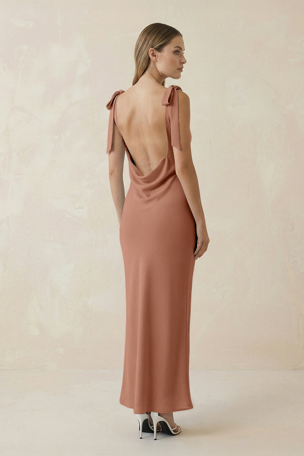 Bateau Neck Sheath Satin Midi Bridesmaid Dress With Bow in Rosette - KISS BRIDAL Bridesmaid Dresses