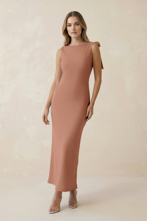 Bateau Neck Sheath Satin Midi Bridesmaid Dress With Bow in Rosette - KISS BRIDAL Bridesmaid Dresses