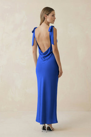 Bateau Neck Sheath Satin Midi Bridesmaid Dress With Bow in Royal Blue - KISS BRIDAL Bridesmaid Dresses